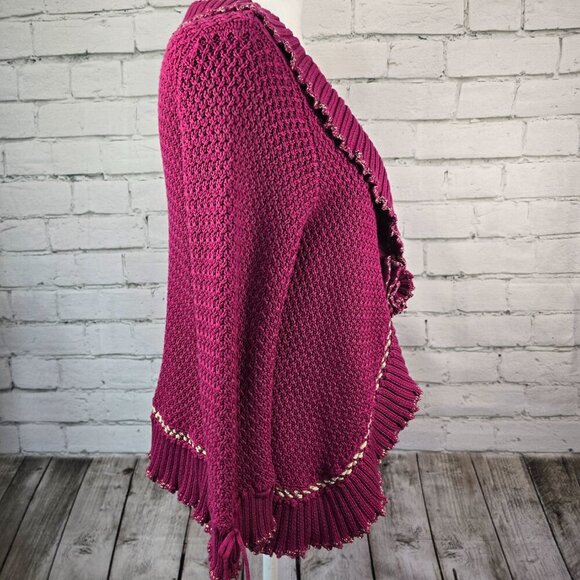 WOMENS RUBY RD CARDIGAN SWEATER RUFFLED EDGES PLUM COLOR ROSSETTE CLOSURE SIZE L - Picture 5 of 7